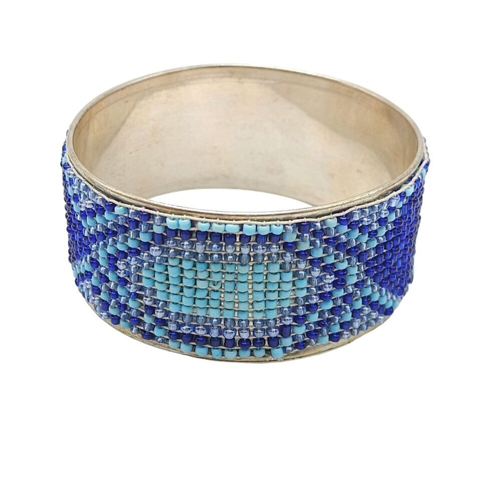 Blue Seed Beads Wide Bangle Bracelet Silver Tone Vintage